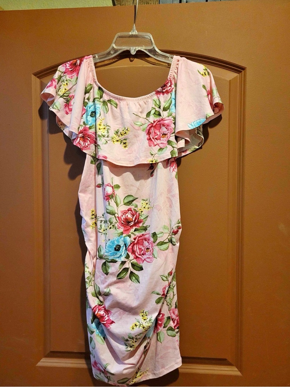 Women's Maternity Pink Floral Off-Shoulder Dress